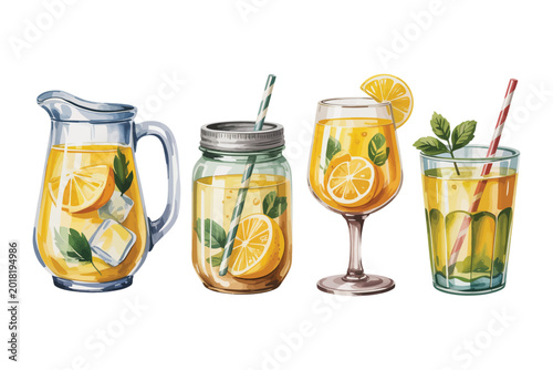 set of Hand-Painted Lemonade Beverage Watercolor, Fresh Summer Drink Clipart, Isolated Vector Design