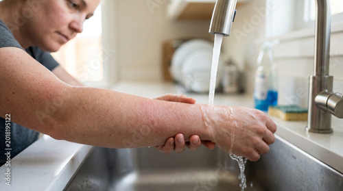 Woman tenderly rinses her reddened arm under the kitchen faucet, finding quiet respite from a persistent skin affliction