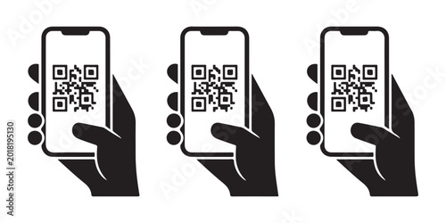 Three phones with qr codes displayed being held in hands on transparent background.