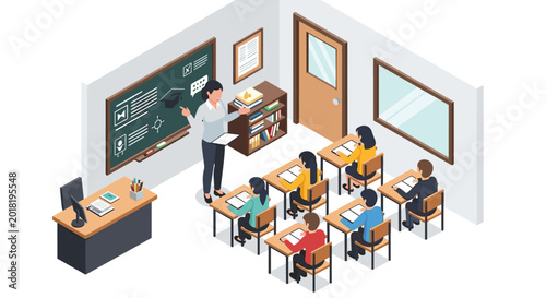 Photos Classroom scene with teacher instructing students at desks.