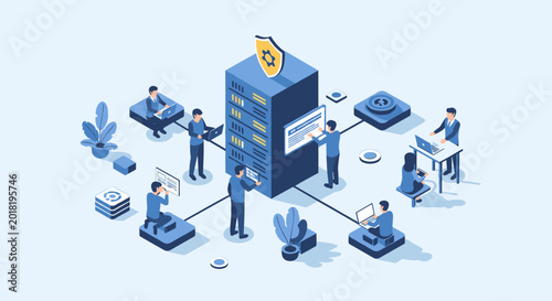 Isometric illustration of cybersecurity team managing data server security.