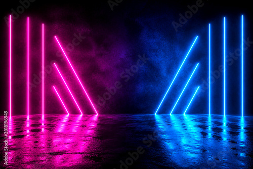 Neon Lights Abstraction: A captivating display of abstract art illuminated by vibrant neon lights, reflecting on a glossy surface. Evoking an atmosphere of futuristic design.