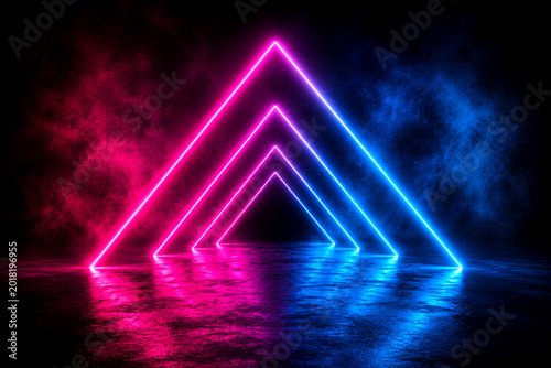 Neon Tunnel of Colors: An immersive composition showcasing an illuminated neon tunnel formed by converging triangles, emitting a vibrant glow across a polished surface.