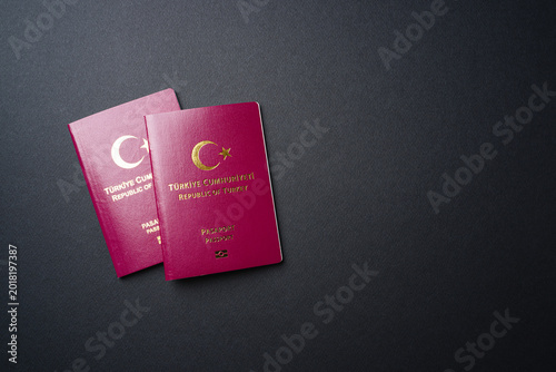 Minimal The Republic of Turkey passport composition on dark background with copy space