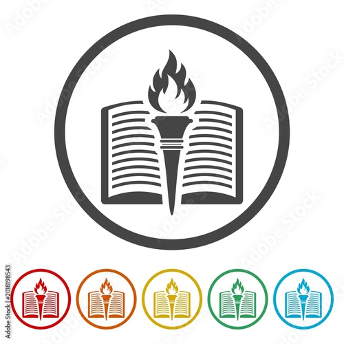 Book with torch icon. Set icons in color circle buttons