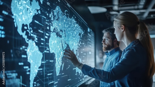 Business professionals analyzing global data on a digital screen