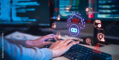 Hallucinate of artificial intelligence shows error and incorrect or misleading information with fake data on a digital screen caused by an inaccurate glitch in the algorithm.