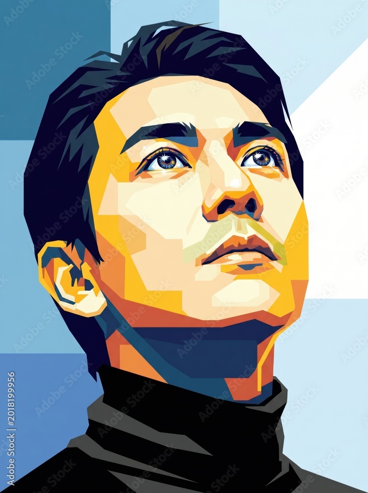 Fototapeta premium This modern vector pop art illustration features a high contrast low angle close up portrait of a young man with sharp jawline and reflective eyes
