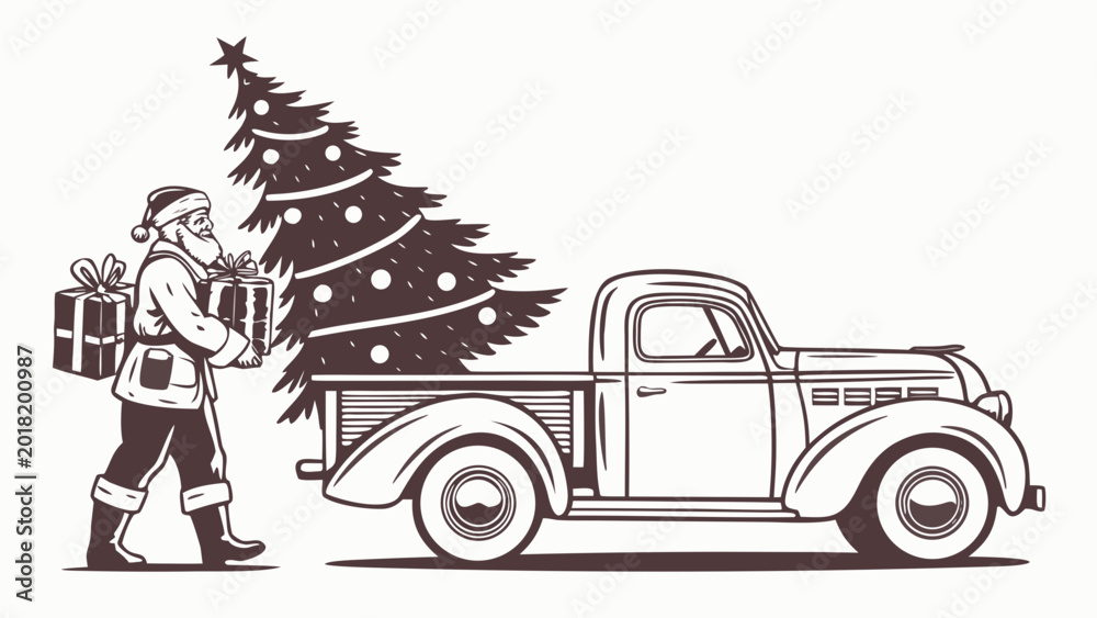 Naklejka premium Vintage santa claus loading christmas tree and gifts into classic pickup truck for holiday delivery