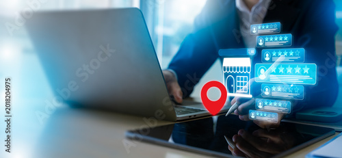 Картината върху платно Local search marketing concept with customer review rating on digital tablet for SEO optimization