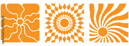 Groovy retro abstract sun burse backgrounds set. Retro Groovy Sun Background Set. Contemporary poster print banner template. Abstract hand drawn wave ray pattern in trendy 70s hippie style. Square wav