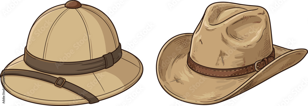 Ταπετσαρία Vintage Safari Pith Helmet and Cowboy Hat Set with Detailed Sketch Style for Adv
