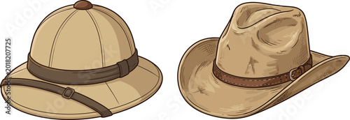 Billede på lærred Vintage Safari Pith Helmet and Cowboy Hat Set with Detailed Sketch Style for Adv
