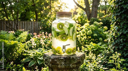 Fresh Fruit Infused Detox Water with Kiwi and Green Apple in Glass Dispenser, Outdoor Garden Summer Party Refreshment