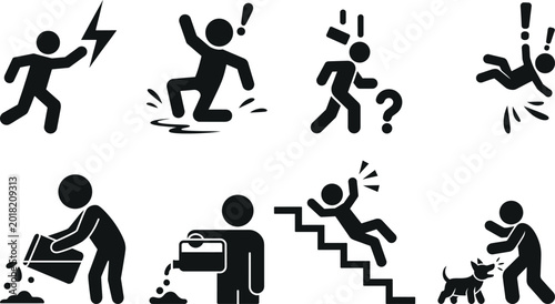Bild auf Leinwand Eight funny black and white icons showing common accident and mishap situations