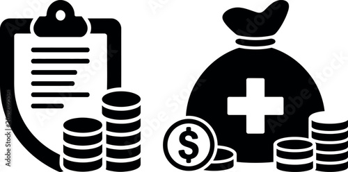 Medical and finance icon set with clipboard, cash, and money bags