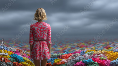 Fast Fashion Landfill Documentary Photography with Young Woman Standing Among Waste

