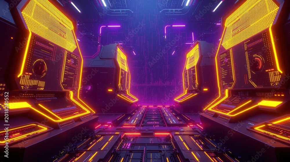 Fototapeta premium Futuristic corridor glows with neon lights. Symmetry dominates design, creating immersive digital space. Dark background enhances vibrant colors.
