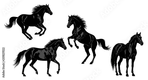 Collection of dynamic black horse silhouettes showcasing various movements and powerful poses