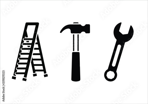 Fotografi Set of three common tools: ladder hammer and wrench.