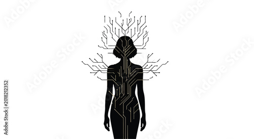 Silhouette of a woman with digital circuits forming a tree of knowledge, representing technology and growth.