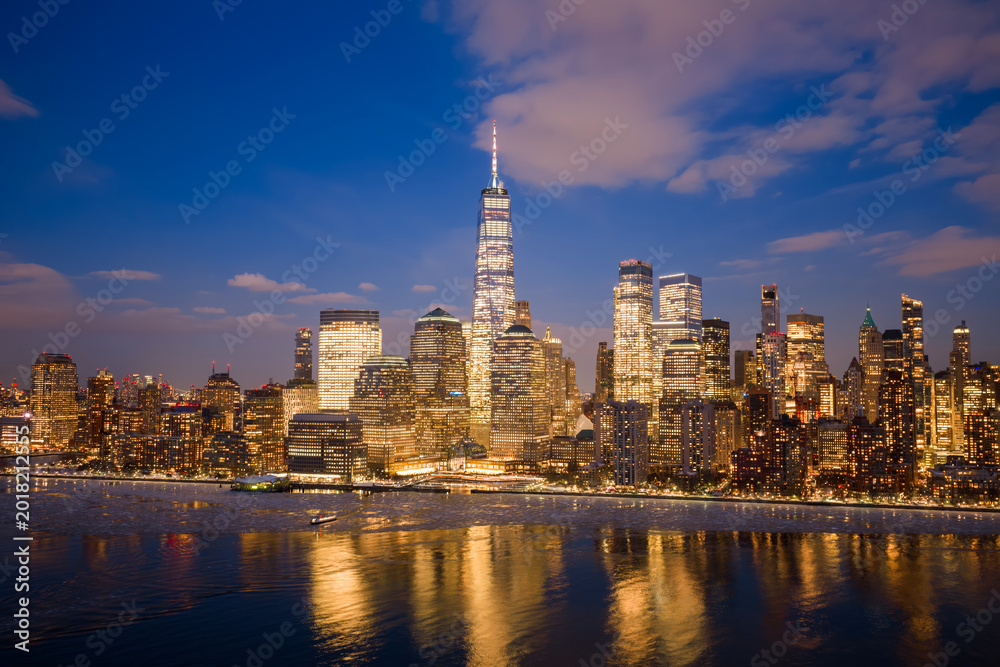 Obraz premium New York skyline night cityscape. New York city night view. New York downtown night panorama. New York Manhattan night skyline.