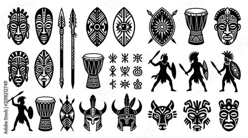 African Tribal Culture Glyph Icons Set: Masks, Warriors, Drums, Shields, Spears and Ethnic Symbols Black White Vector