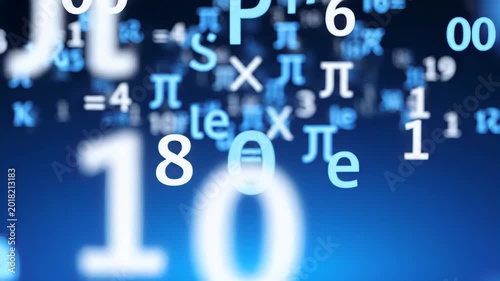 Abstract mathematical symbols and numbers float on a deep blue background