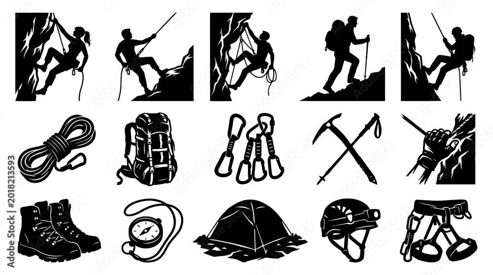 Obraz premium Outdoor Adventure Climbing and Hiking Gear People Silhouettes Vector Icon Set