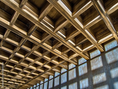 Abstract close-up view of a metallic ceiling showcasing intricate details and patterns created by light and shadow