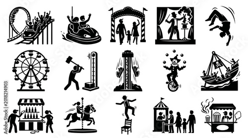 Black and White Glyph Icons of Amusement Park Rides, Carnival Games, and Fairground Attractions