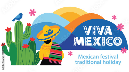 Obraz na płótnie Viva mexico banner illustration with traditional clothing and landscape