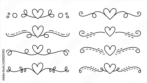 Decorative heart dividers and line borders with doodle swirls and dots for bullet journals.