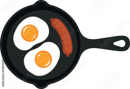 Quadro su tela Flat Vector Illustration of Fried Eggs and Sausage in a Cast Iron Skillet for Br