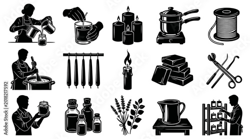 Black and White Line Art Icons of Candle Making Process and Supplies