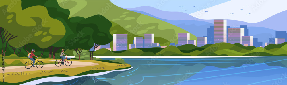 Naklejka premium Belo Horizonte cityscape cycling park lake nature skyline modern buildings mountains trees outdoor recreation colorful landscape web banner