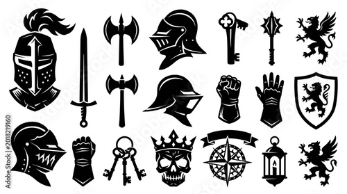 Medieval Knights Helmets Swords Shields Icons - Black  White Glyph Art