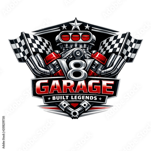V8 garage, built legends, logo design, V8 engine emblem, automotive logo, muscle car culture, garage badge, street racing, motorsport branding, aggressive typography, performance vehicle, custom car e