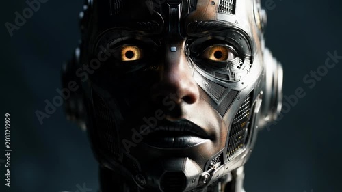 Extreme Close Up of Dark Metallic Robot Face with Glowing Eyes in Futuristic Cyberpunk Environment