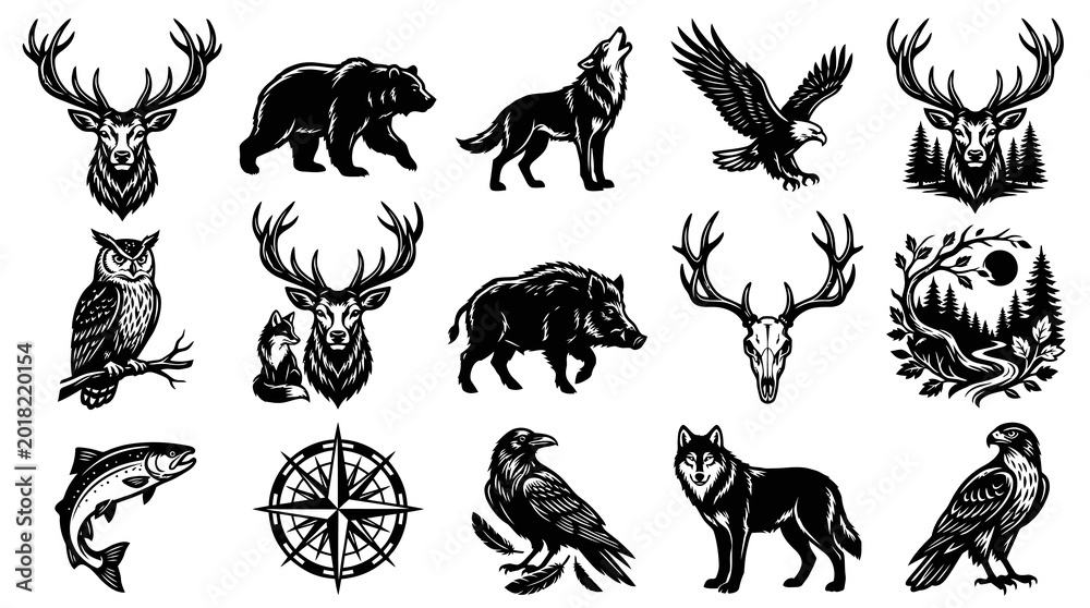 Fototapeta premium Wildlife Animals Nature Set: Vintage Engraving Style Illustrations for Outdoor, Hunting, Forest Designs