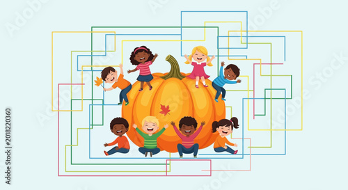 Happy Diverse Kids Playing on Giant Pumpkin, Autumn Harvest Celebration, Fall Season Fun