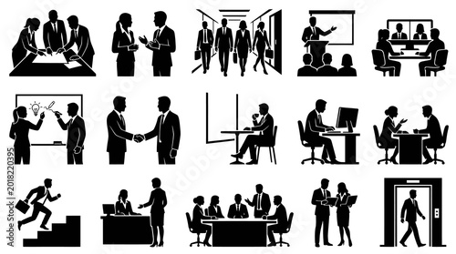 Business People Activities Glyph Icons Set - Corporate Professional Work Scenes Silhouettes Black and White