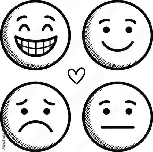 Four expressive doodle faces showing various emotions with a small heart 