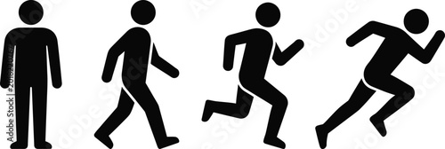 Black silhouettes showing progression of human motion from standing still to walking and fast running