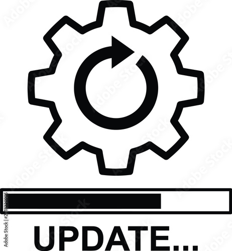 Black gear icon with a circular arrow symbol displayed above a simple horizontal loading bar graphic