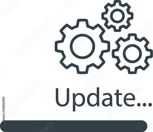 Minimalist digital graphic showing a loading bar and gear icons representing a software update process
