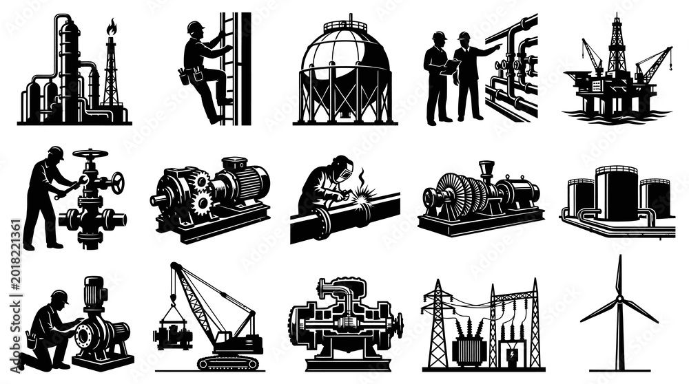 Obraz premium Heavy Industry and Energy Production Engineering Black White Silhouette Vector Icons