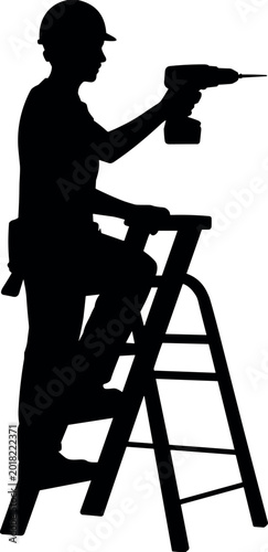 Silhouette of a Male Construction Worker Wearing a Hard Hat and Tool Belt Using a Power Drill on a Stepladder