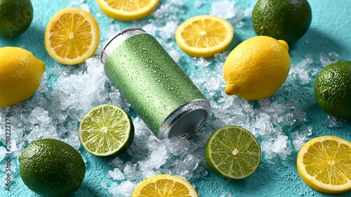 Cool green can rests on crushed ice. Citrus fruits surround the can in bright hues. Lemons and limes slice open, fresh and vibrant. Background is a solid, cool turquoise surface