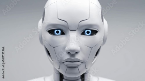 Clean White Futuristic Robot Face with Blue Eyes and Artificial Intelligence Technology Concept
